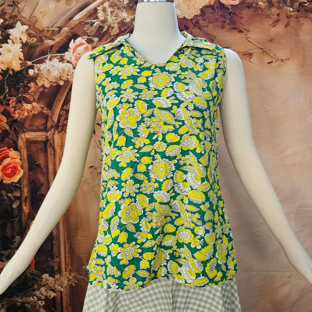 Vintage 1970's Floral Sleeveless Blouse Tunic Top Green Yellow Handmade Shirt